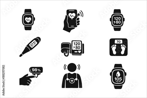 Health Monitoring Silhouette Icon Set