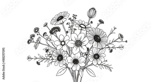 bouquet, wildflower, flowers, floral, line, outline, sketch, handdrawn, botanical, plant, nature, garden, meadow, bloom, blossoms, petals, stems, leaves, natural, organic, rustic, romantic, wedding, d