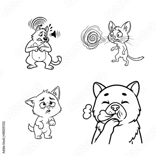 A series of playful illustrations featuring four cats expressing different feelings like anger confusion and surprise