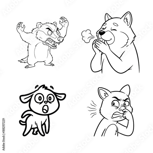 Four cartoon animals with humorous expressions and exaggerated gestures, showcasing playful emotions and actions in a black-and-white illustration