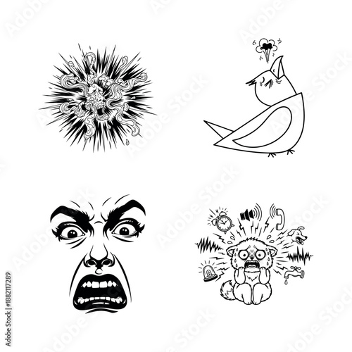 An image showcasing a variety of intense emotional expressions including anger, shock, and frustration through illustrations.