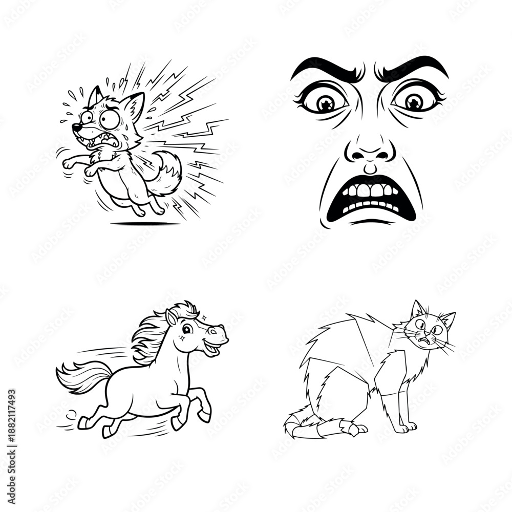 Fototapeta premium A collection of four black-and-white illustrations featuring a cat riding a shell, an angry face, a running horse, and a cat with a surprised expression