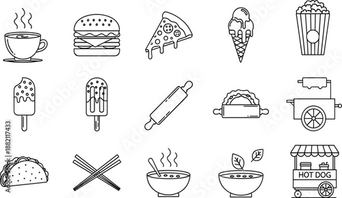 Black and white line art icons of food and cooking items, ideal for culinary design, restaurant graphics, menu illustrations, and kitchen-themed vector artwork.