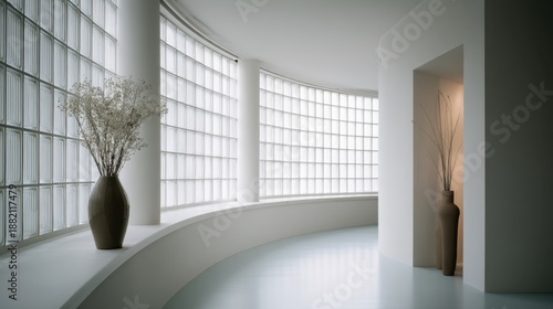 Curved glass hallway with vases