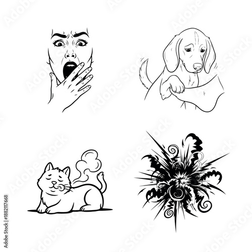 A person showing shock or surprise with their hands on their face along with a dog, a cat, and a dramatic abstract design.