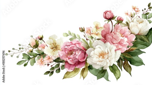 Elegant floral arrangement with pink and white peonies on white background.