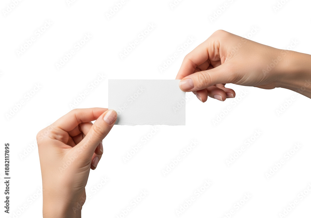 Obraz premium isolated caucasian female hands holding a blank white business card with realistic torn edges, ultra detailed macro shot on a solid transparent background. concept for professional advertising mockups