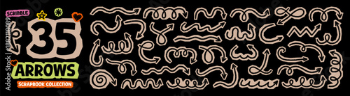 Scrapbook crayon arrows doodle set. Chalk pencil swirls, cutout squiggly direction pointers in sketch style, Grunge texture. Hand drawn vector illustration isolated on black background