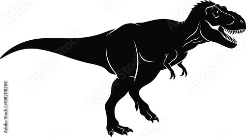 Black silhouette of roaring Tyrannosaurus rex in dynamic pose, ideal for dinosaur-themed design, prehistoric education, and paleontology-related vector illustrations.
