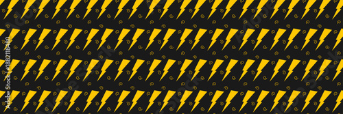 Yellow lightning bolt pattern on dark backdrop. Repeating thunder strikes form seamless electric energy design with retro comic style and vibrant graphic elements. Vector