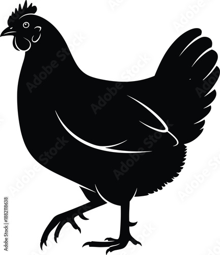Stylized black silhouette of a chicken standing on one leg, ideal for farm design, poultry branding, rustic signage, and agricultural-themed vector artwork.