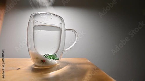 Organic Fennel Herbal Tea in Glass Mug for Wellness, Natural Botanical Drink on Wooden Table, Eco Friendly Relaxation and Mindfulness Concept with Copy Space, Green Sustainable Lifestyle Background. A