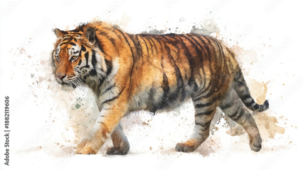 Naklejka premium Majestic tiger in watercolor art with splattered paint effect.