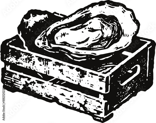 Rustic wooden crate with fresh oyster and lemon vintage engraving