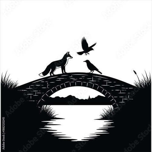 Silhouette of a wolf and bird on a bridge over a serene lake at sunset