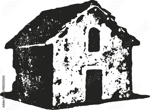 Old rustic stone house silhouette with weathered textured walls and arched doorway