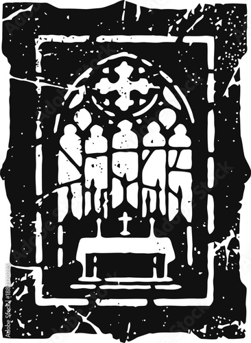 Gothic church altar silhouette with stained glass windows and cross design, vintage grunge art