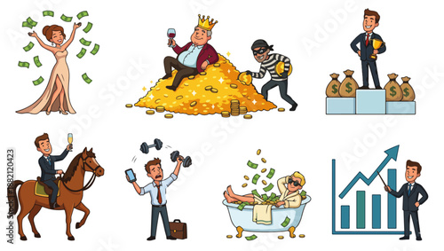 Cartoon Characters Celebrating Wealth, Luxury & Financial Success Vector Illustration, wealth, luxury, financial success, money, finance, cartoon, rich characters, gold coins, money bags, businessman,
