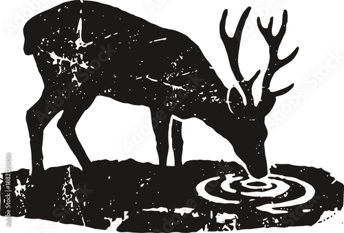 silhouette of a deer drinking water from a pond with ripples in rustic