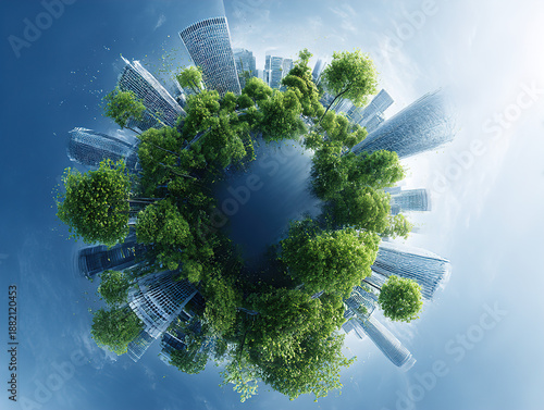 Eco City Globe: Lush Urban Forest Ring Surrounding Modern Skyscrapers In A Sustainable World Perspective