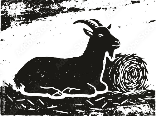 black and white illustration of a goat resting beside a hay bale with rustic texture
