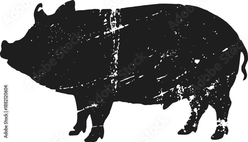 grunge pig silhouette with textured distressed design, farm animal icon