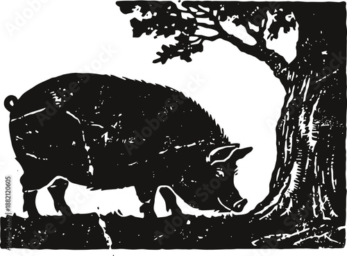Black silhouette of pig under tree farm animal grazing in rustic countryside scene