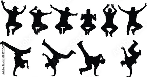 breakdance jumping silhouettes collection, hip hop dancers performing dynamic moves, energetic street dance action poses, black vector illustration, isolated background