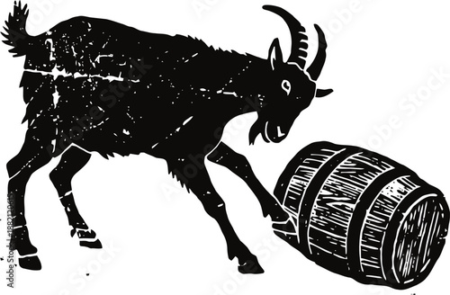 Black silhouette of a goat pushing a wooden barrel with its front legs