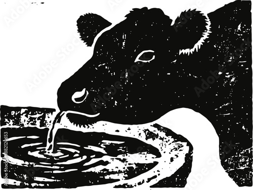 Cow drinking water from basin black and white animal illustration of livestock hydration