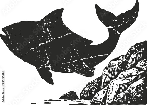 Silhouette of a large shark swimming near rocky underwater terrain illustration