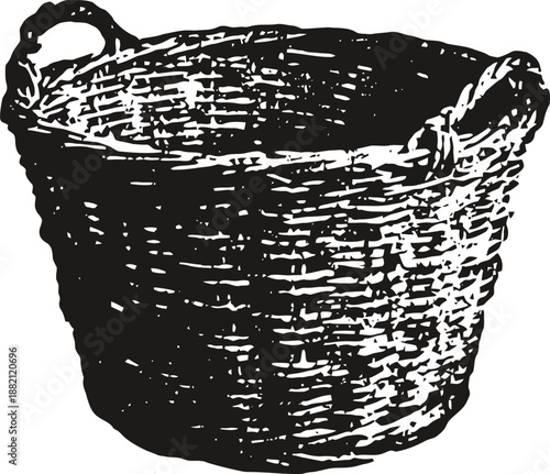 Woven wicker basket with handle, rustic handmade container for storage and carrying items
