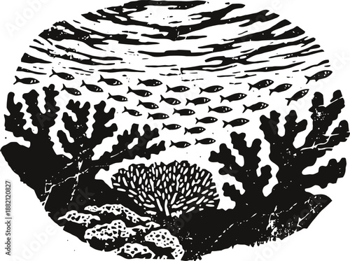 Underwater marine scene with coral reef and school of fish in ocean habitat silhouette