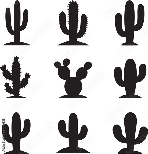 set of black silhouette cactus icons on white background