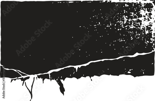 Grunge cracked distressed textured black rectangle with rough edges and peeling effect