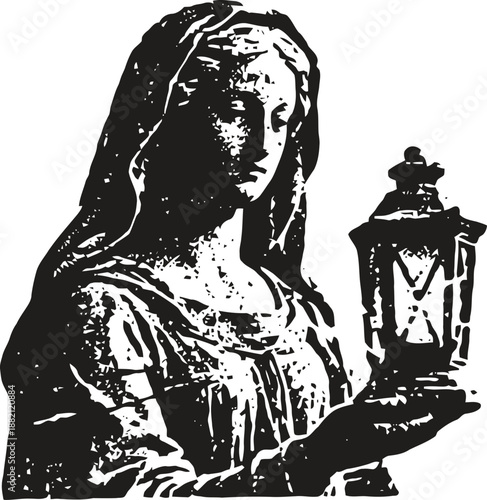 monochrome vintage woman holding lantern, classic silhouette, antique light source concept