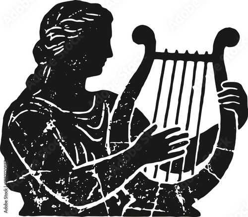Ancient greek silhouette playing harp, classical woman with lyre musical instrument illustration