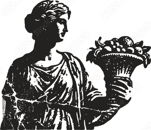 Classical woman holding a cornucopia filled with fruits, symbol of abundance and harvest
