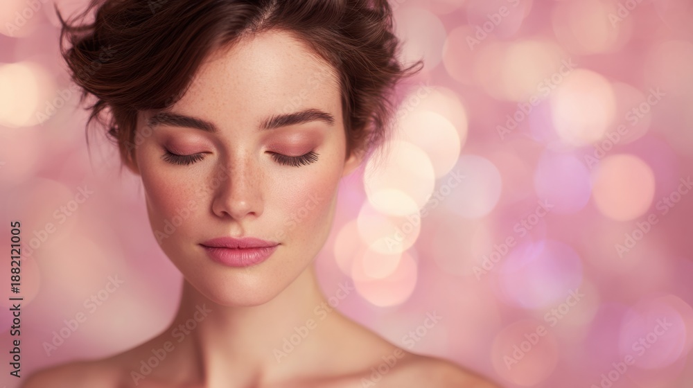 Naklejka premium Young caucasian female with soft makeup and bokeh background.