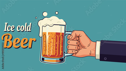 Hand holds a frothy mug of ice cold beer with golden liquid and white foam overflowing against a textured retro blue background.