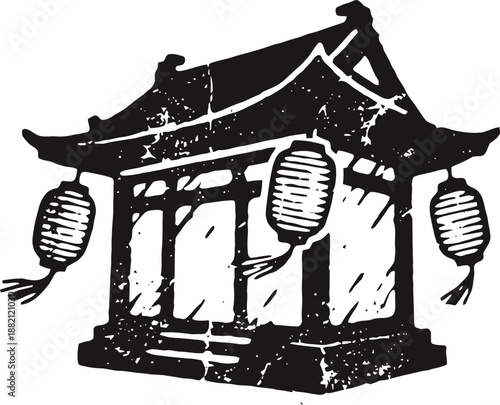 Traditional asian lanterns hanging from old temple pavilion silhouette in black and white