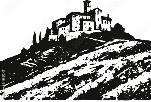 Medieval hilltop village silhouette with rustic buildings and trees on textured landscape