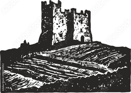 Medieval castle ruin on hill with terraced farmland landscape, vintage woodcut illustration