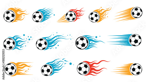 Set of soccer ball icons with colorful fire and speed trails depicts fast motion using vibrant orange, blue, and red comic art styles.