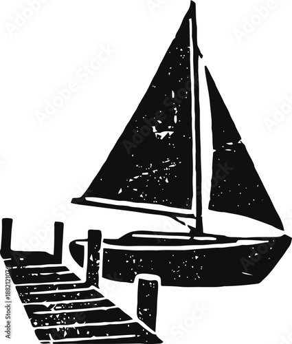 Sailboat docked at wooden pier silhouette with textured vintage and weathered effect design