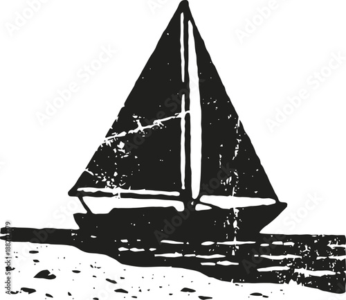 black silhouette of a sailboat with large sails sailing on the water shore