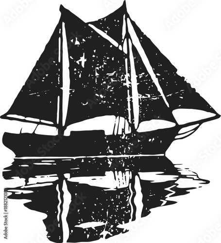 sailboat silhouette with reflection on water, vintage nautical design, classic sailing vessel