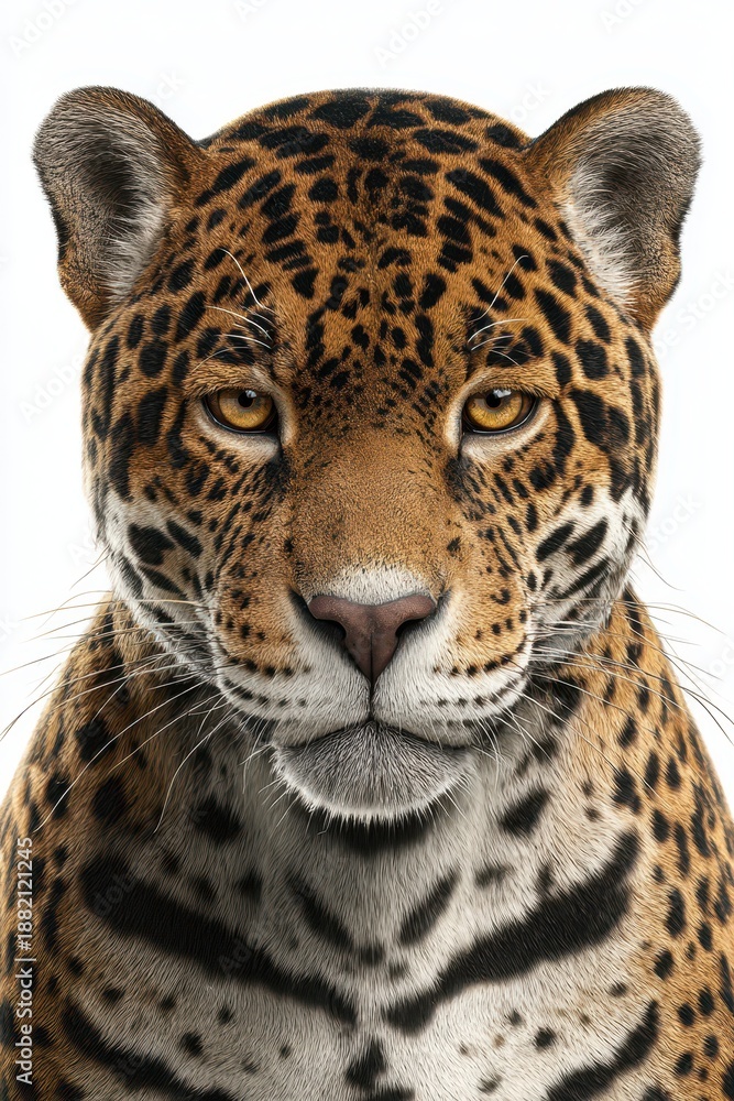 Obraz premium Front-facing jaguar portrait on white background with soft shadow â€“ photorealistic digital painting