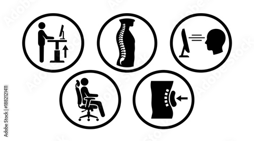 Ergonomic office posture icons showing standing desk spine alignment eye level monitor sitting chair and lumbar support