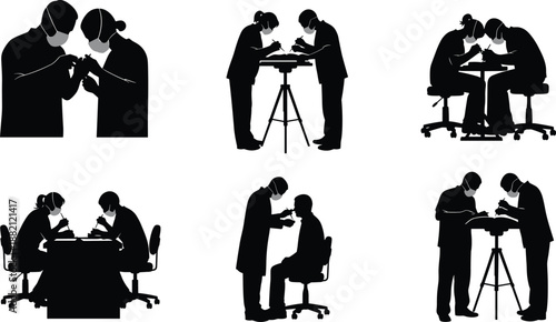 Dentist and dental assistant silhouettes working together, dental treatment procedures, oral healthcare concept, professional clinic teamwork, isolated black silhouettes on white background